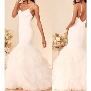 LULU'S SZ 8 M Extravagance White Ruffled Organza Mermaid Bridal Dress 0B16 *flaw